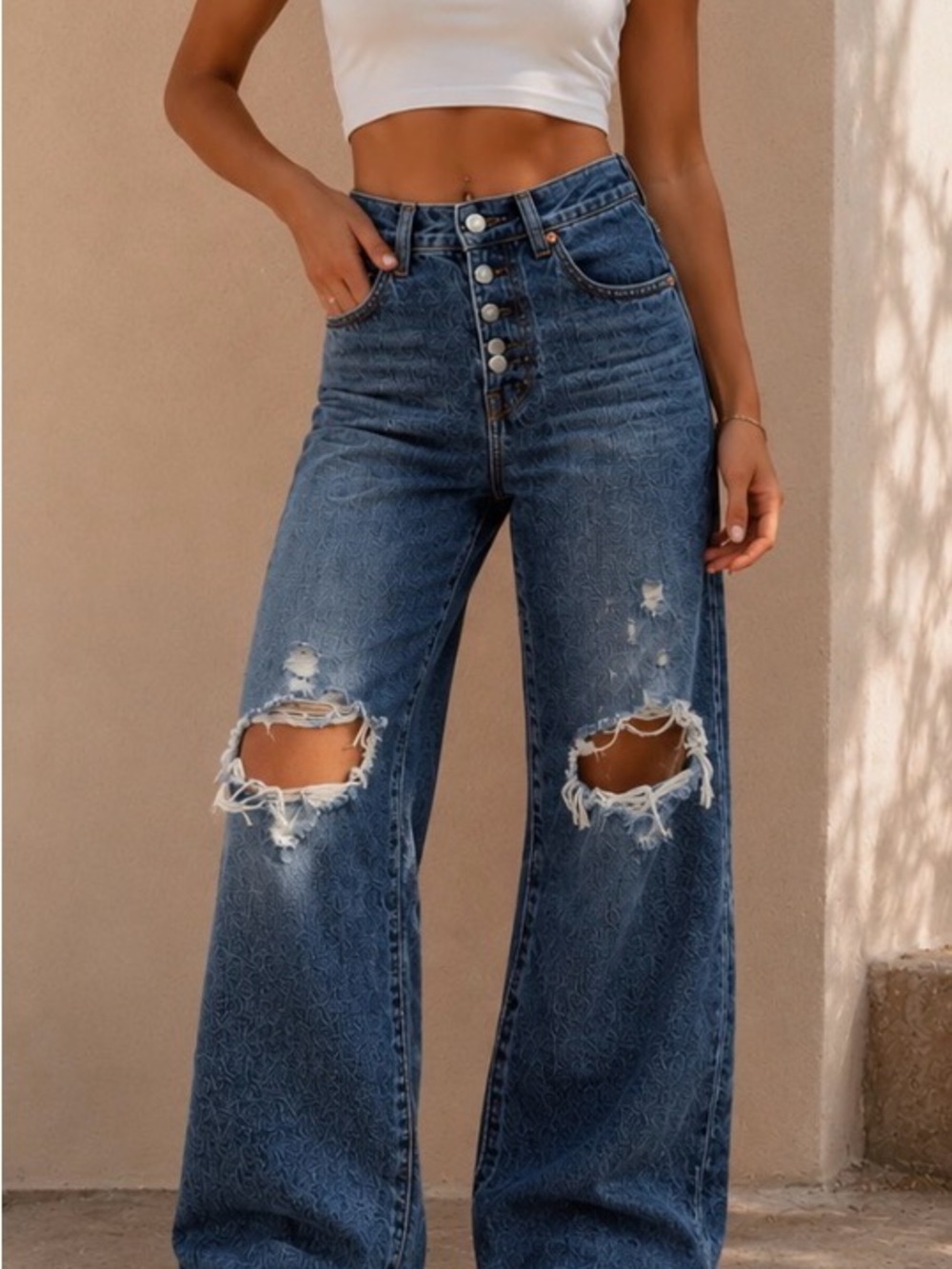 Levi's Button-Front Distressed Wide-Leg Jeans - Dark Blue